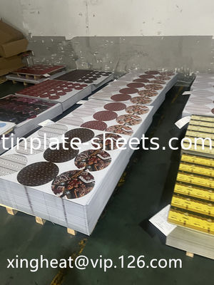 Paketleme ihtiyaçları için özelleştirilebilir basılı teneke levha MR SPCC Malzeme 0.15-0.49mm Kalınlığı 600-1160mm Kesim Uzunluğu